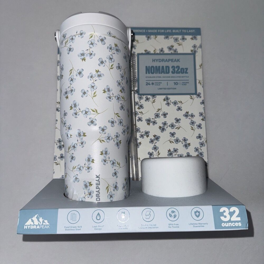 Hydrapeak 32oz Water Bottle White Blue Floral Straw Boot Insulated Tumbler Set